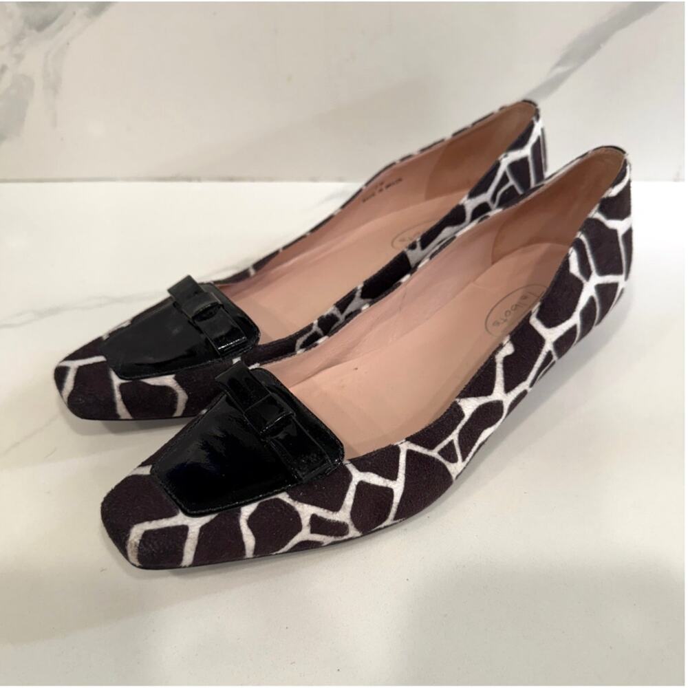Talbots Sz 7 Low Heels Giraffe Pattern Calf Hair Small Patent Bow Classy Office